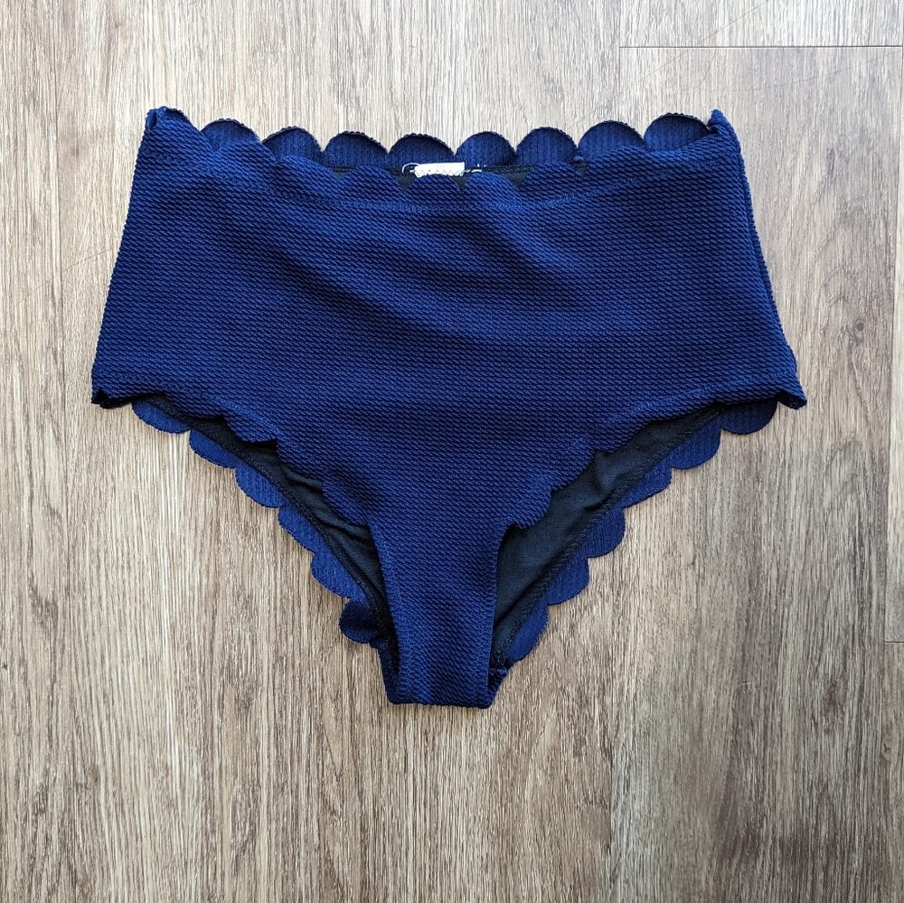 Navy Blue Scalloped High Waisted Swim Suit Bikini Bottoms Size Small